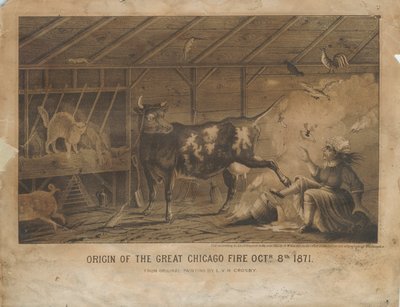 Oorsprong van de grote brand van Chicago 8 oktober 1871, ca. 1872 door L. V. H. after Crosby